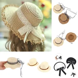 1PCS New Fashion Handmade Style Lace Straw Hat Sun Cap Ribbon With Bow for Doll Decor Accessories Toys