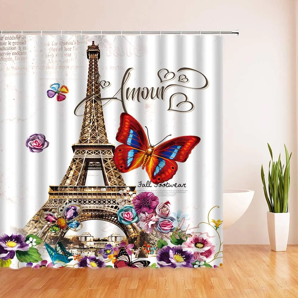 Vintage Eiffel Tower Shower Curtain Paris Theme France Abstract Flower Romantic European Roman Retro Stamp Leaves Bathroom Decor