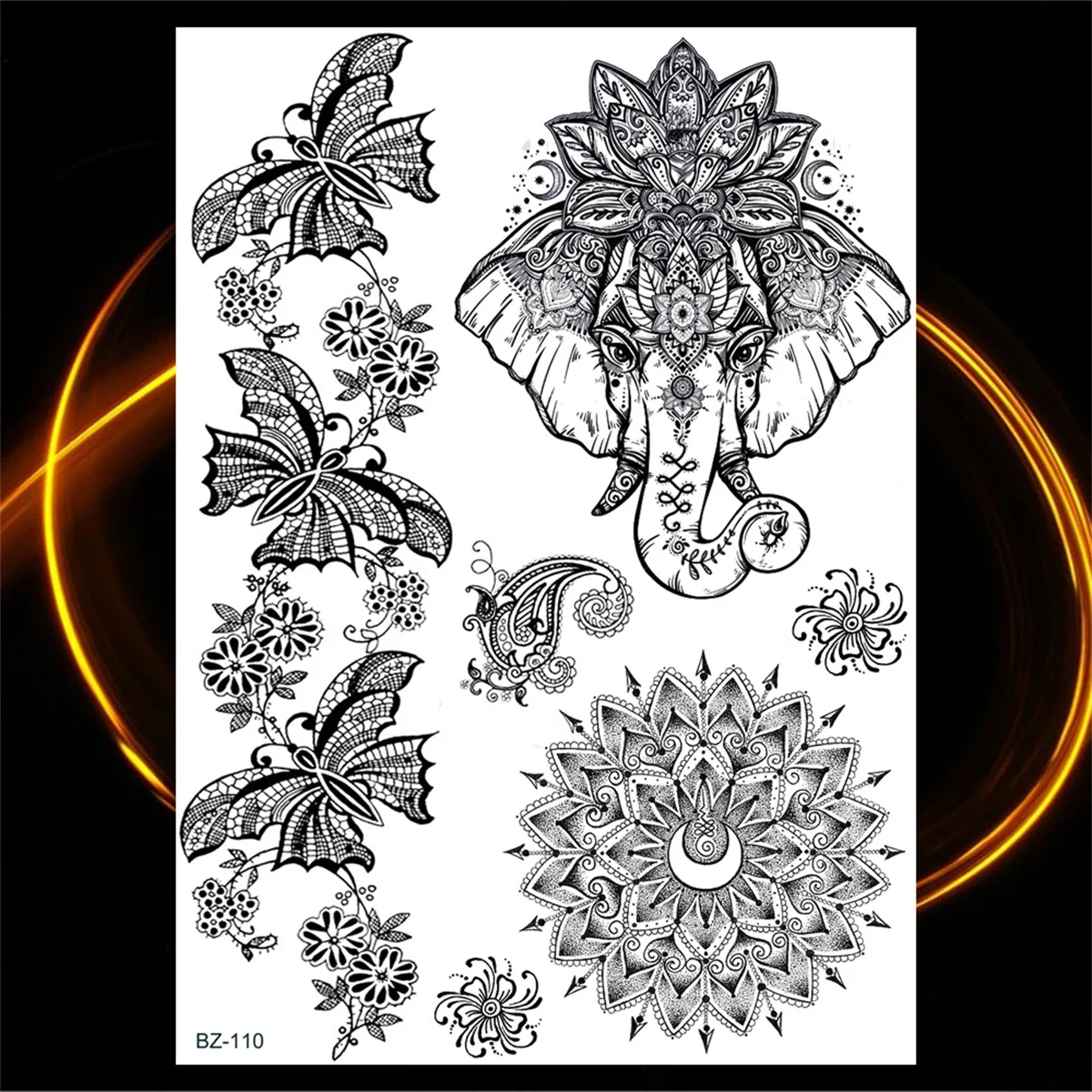 Black Henna Lotus Pendant Temporary Tattoos For Women Adult DreamCatcher Elephant Fake Tattoo Body Art Underboob Tatoos