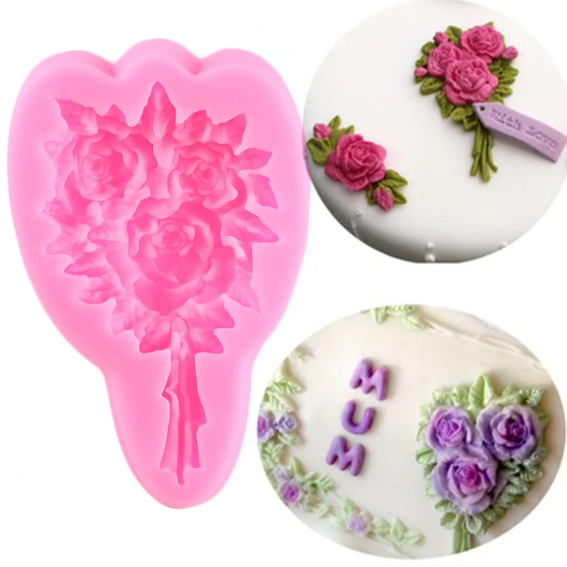 Rose Flower Bouquet Silicone Molds Wedding Cupcake Topper Fondant Decorating Tools Cookie Candy Clay Chocolate Gumpaste Moulds