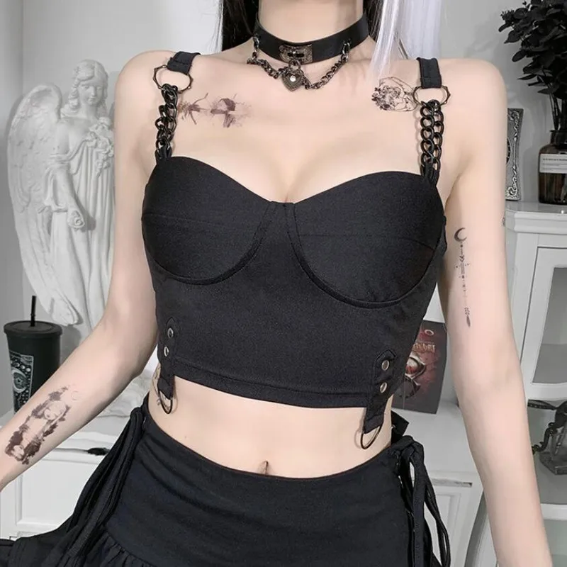 

Locomotive Punk Chain Black Camisole Gothic Bodycon Corset Tops Streetwear Sexy Backless Women Summer Camis q240