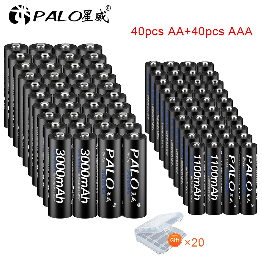 PALO 40pcs 1.2V NIMH aa 3000mah Rechargeable Battery with 40pcs 1.2v 1100mah aaa Rechargeable Battery