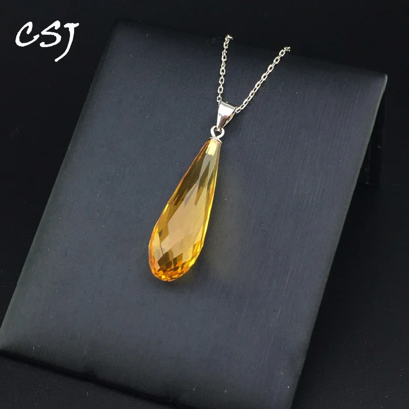 CSJ Natural Citrine Pendant Sterling 925 Silver Big Stone 8*20mm Fine Jewelry Necklace For Women Wedding Party Gift