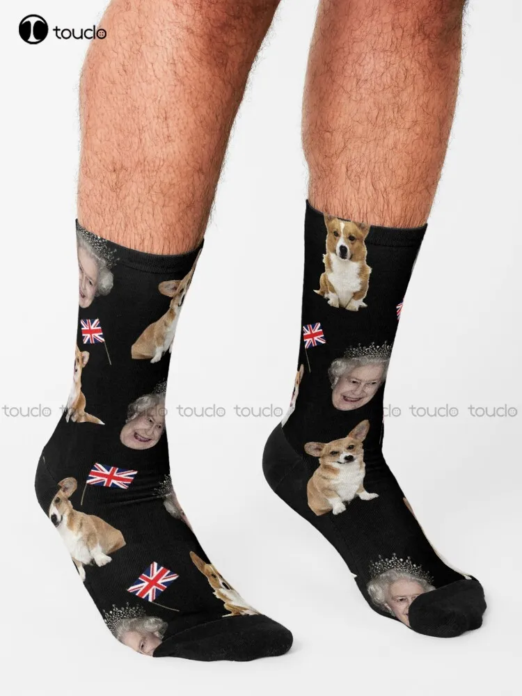 Queen Elizabeth And Corgis Pattern Socks Baseball Socks Personalized Custom Unisex Adult Teen Youth Socks 360° Digital Print