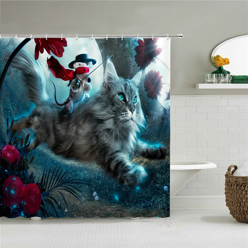 Cat Shower Curtains Bathroom Shower Curtain Cute 3D Fabric Shower Curtain with Hooks Funny Waterproof Shower Curtain or Mat