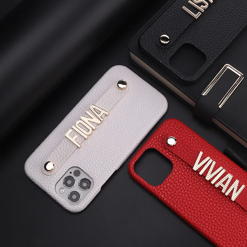 Luxury Pebble Leather Cowhide Phone Case Personalized Name Striped Metal Letter iPhone 15 14 13 12Pro Max 14 15Plus