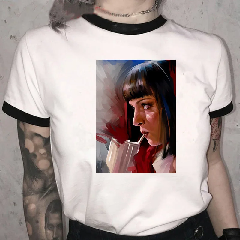 Vintage Pulp Fiction T Shirt Women Summer Harajuku Streetwear Tees Funny Cartoon Graphic Tshirt 90s Korean Unisex T-shir Female