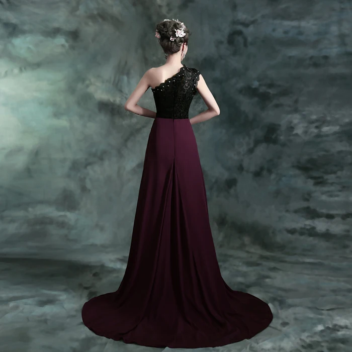 Eine schulter Abendkleid abendkleid 2018 schwarz spitze chiffon kristall vestido de festa longo robe de soiree