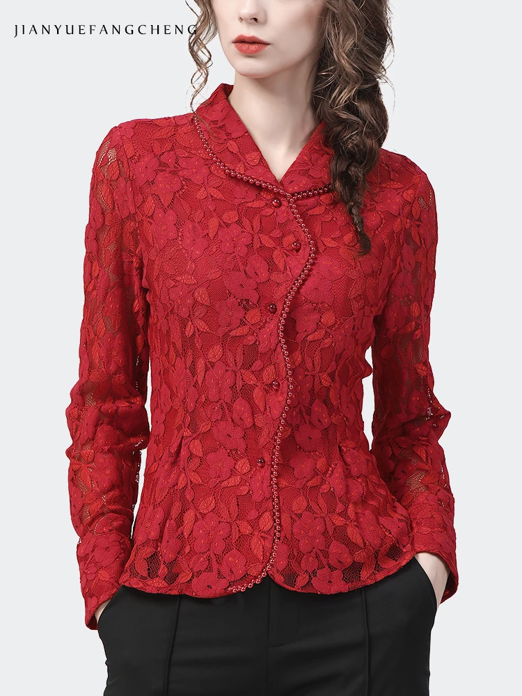 Fashion Peter pan Collar Womens Red Lace Floral Shirt Long Sleeve Elegant Bodycon Hook Flower Hollow 2022 Spring Blouses Tops