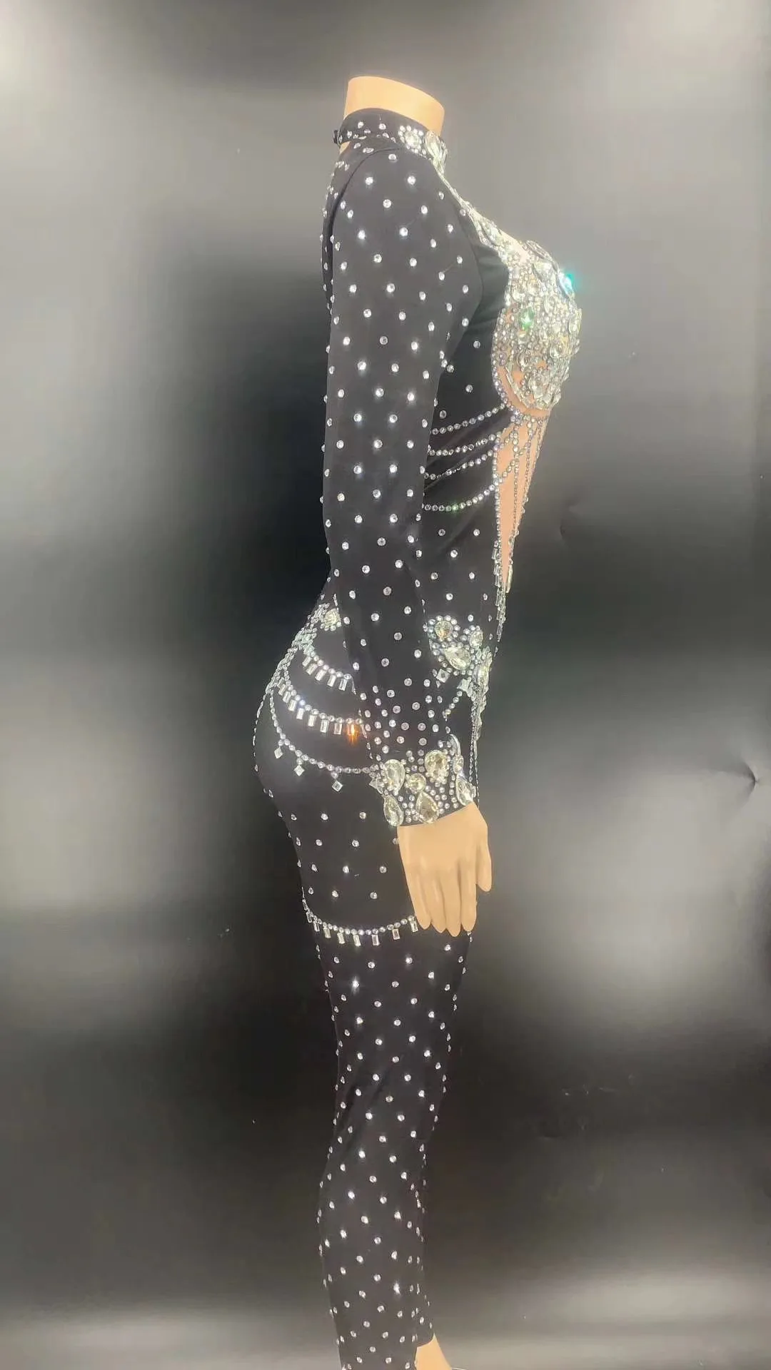 New Sparkly Silver Crystals Chains Jumpsuit Black Stones Fringes Female Singer Evening Birthday Party Stage Sexy Jumpsuit