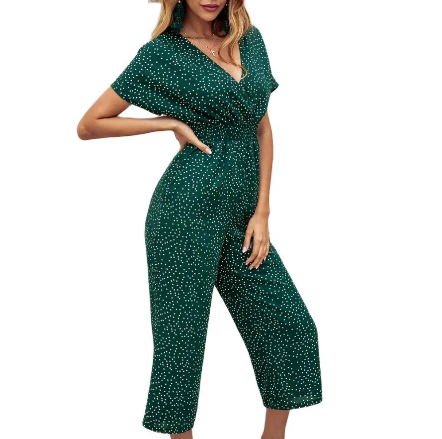 Women Jumpsuits Rompers Summer Casual Shaped Waistband V-neck Pocket Overalls Short Sleeve Dot Printed Wide Leg Loose