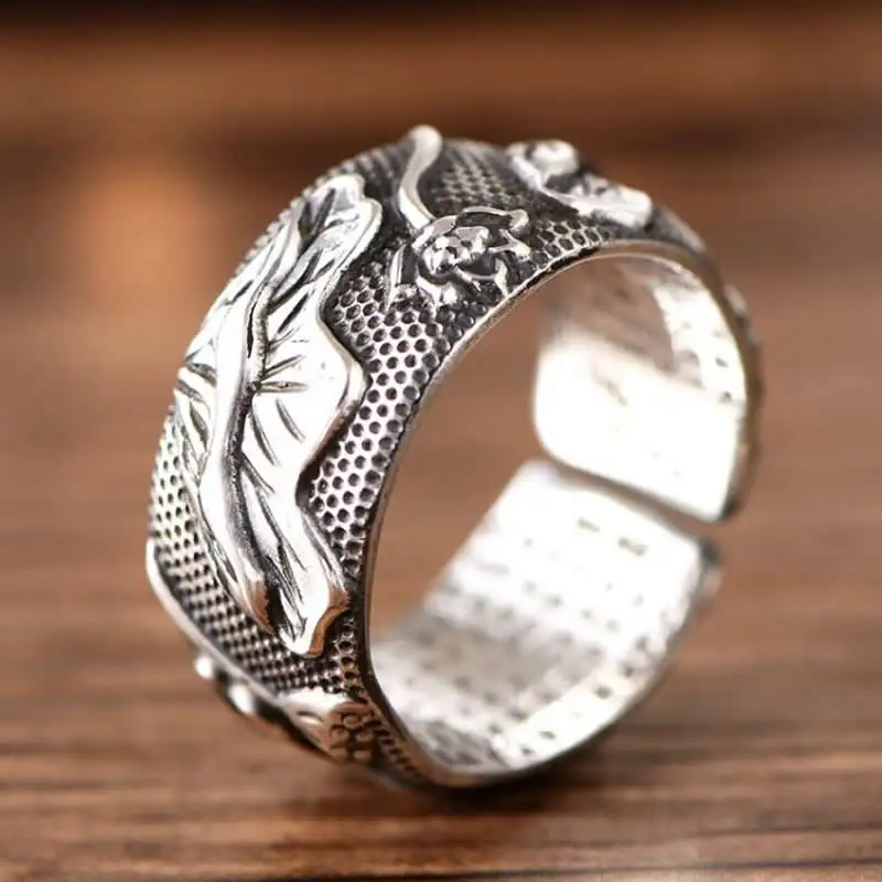 Solid S925 Silver Ring Men's Carved Lotus Silver Ring Open size