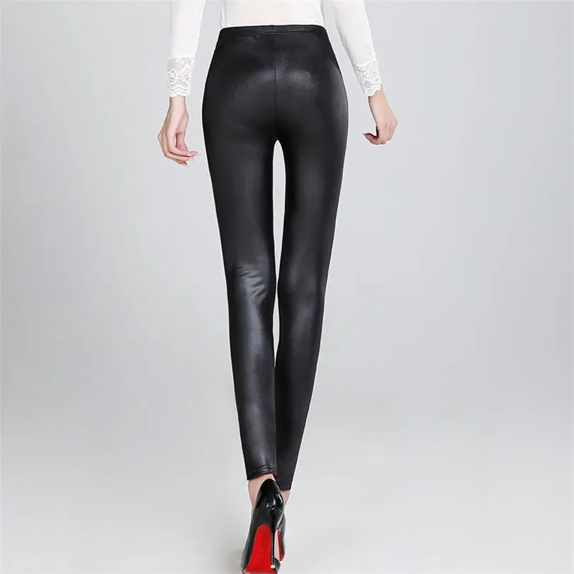 CUHAKCI Faux Leather Winter Legging High Waist Jegging Velvet Female Keep Warm Pants Black Trousers Casual