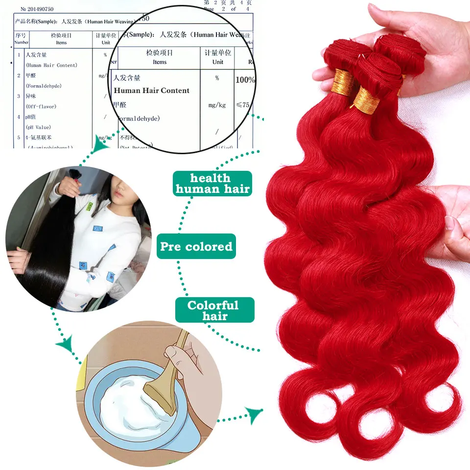 Sexay-Bundles de cheveux humains rouges flamboyants, Extensions de cheveux péruviens Body Wave, Tissage de cheveux Remy, Document solide, 10A, 3/4 pièces par lot