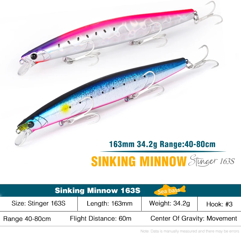 TSURINOYA 163S Saltwater Sinking Minnow Sea Fishing Lure Ultra Long Casting STINGER 163mm 34.2g  Weight Large Hard Bait view 2