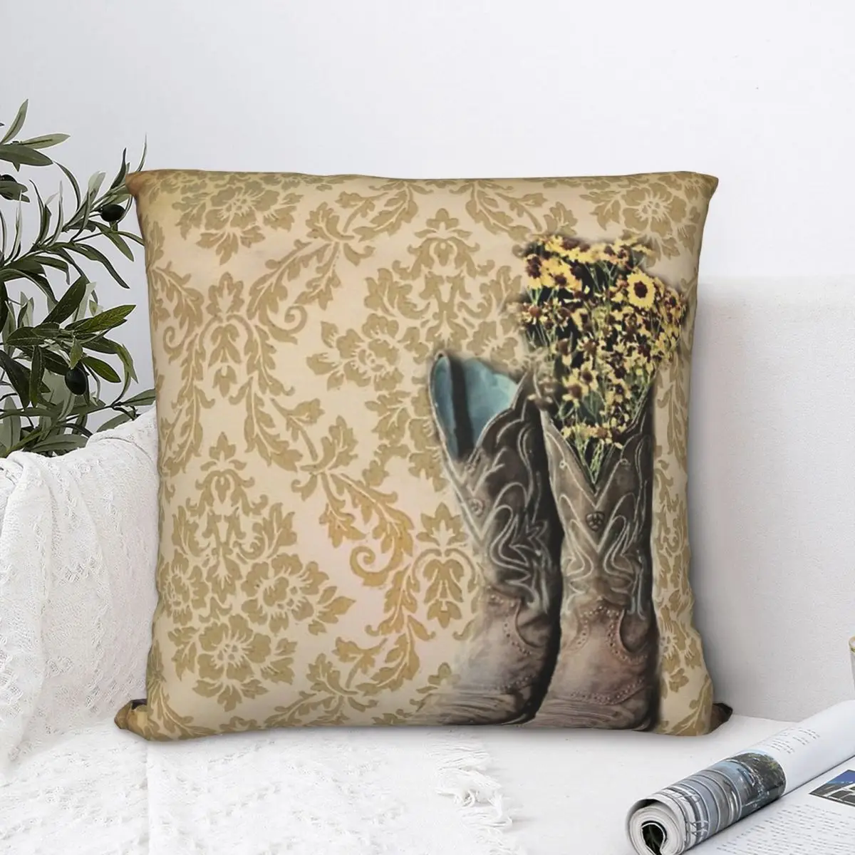 Primitive Wildflower Brown Damask Western Country Cowboy Boots Throw Pillow Case Cushion Sofa Chair Decorative Hug Pillowcase