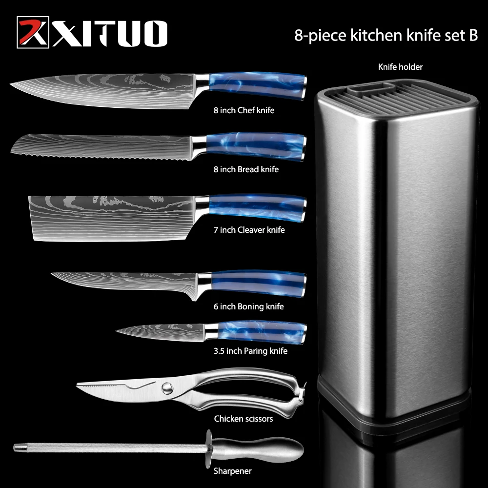 XITUO Kitchen Knives Set Exquisite Blue Resin Handle Bread Utility Chef Knife Santoku Cleaver Slicing Boning Knives Best Gift