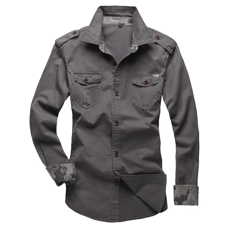 Spring Autumn Men\'s Slim Long Sleeve Cotton Cargo Shirt Outdoor Training Hiking Climbing Sports Shirts Tops