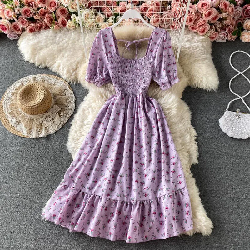 

Summer Long Dress Floral Print Purple Square collar Casual Pleated Dresses 2022 New Sundress Sweet Clothes For Women