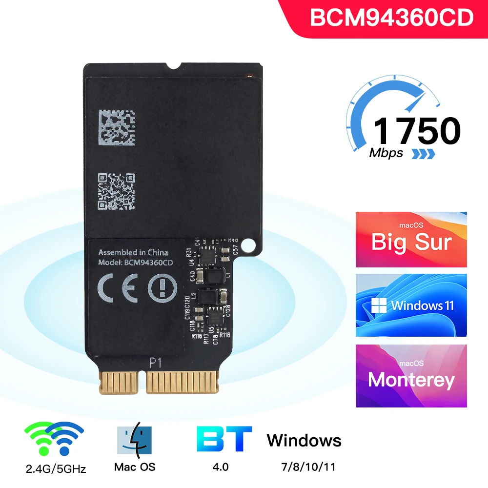 1750Mbps Dual Band WiFi Bluetooth Card 2.4GHz/5GHz BT 4.0 Broadcom BCM94360CD Wireless Module For Apple Hackintosh Mac OS