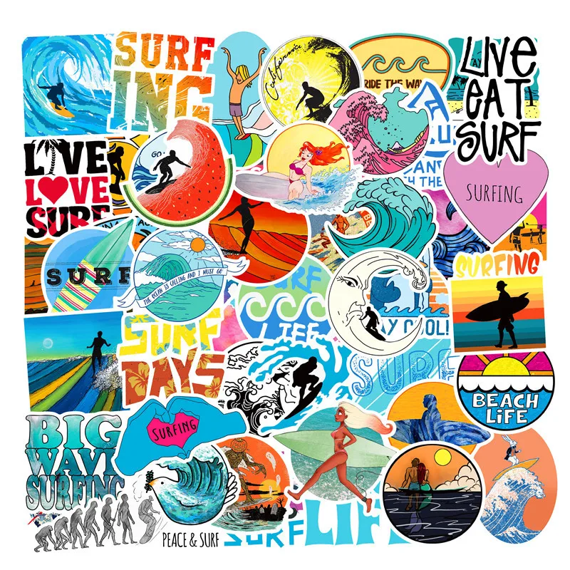 New 50PCS waterproof Outdoor Summer Surf Beach Stickers For Car Styling Motorcycle Phone Laptop Travel Luggage DIY TOY Sticker