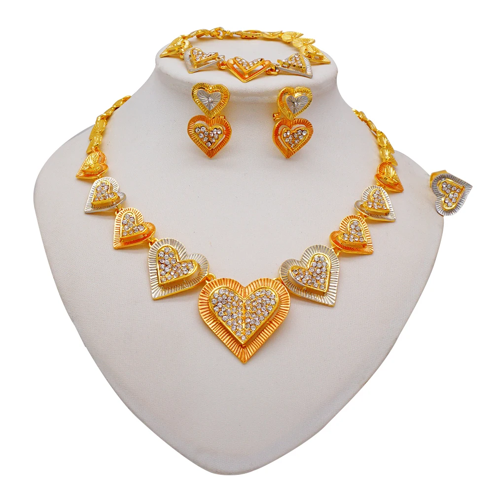 Fashion Jewelry Dubai Heart Jewellery Set For Women Bride Wedding Gold Color Ring Earring Necklace Nigeria Wedding Gifts