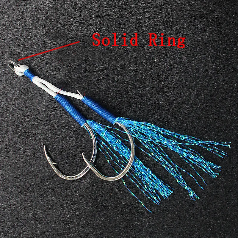 10PCS Assist Hook Solid Ring JigLure Jigging Fishjig Double Pair Barbed Assist Hooks Pesca Peche Blue Feather Fishing Jig