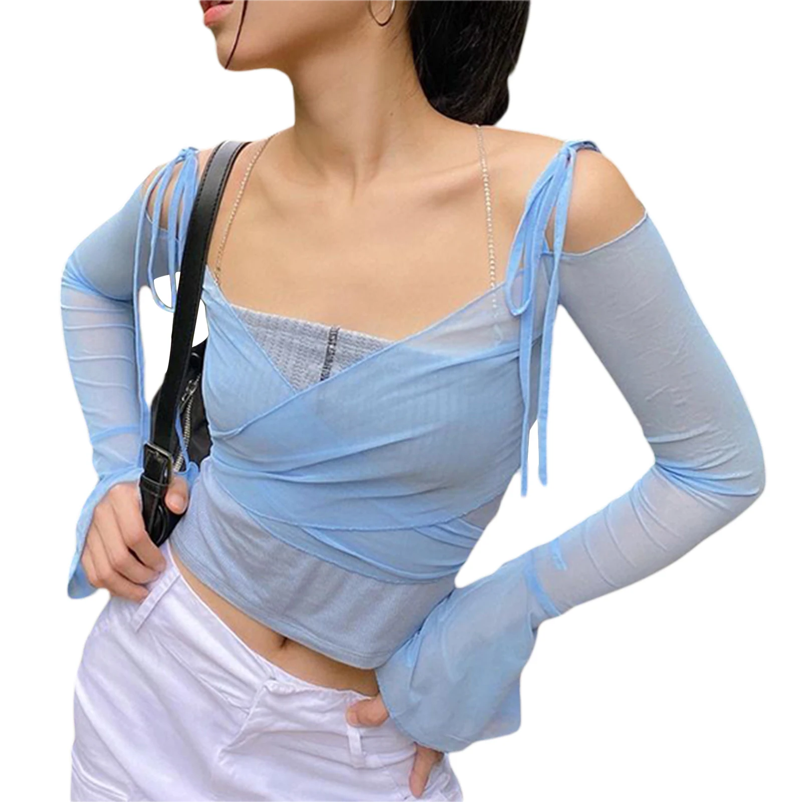 Sexy Tie Up Flare Long Sleeve Mesh Yarn Crop Top Women Off Shoulder V Neck Solid Bandage T-Shirt Streetwear Exposed Navel Tee