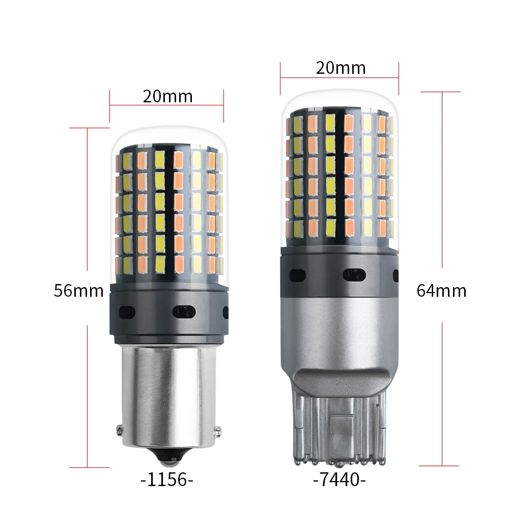 2PCS 1156 BA15S P21W BAU15S PY21w 3156 T20 7440 W21W Canbus LED Bulbs 3014 120SMD No Error Dual Color Turn Signal light NO Flash