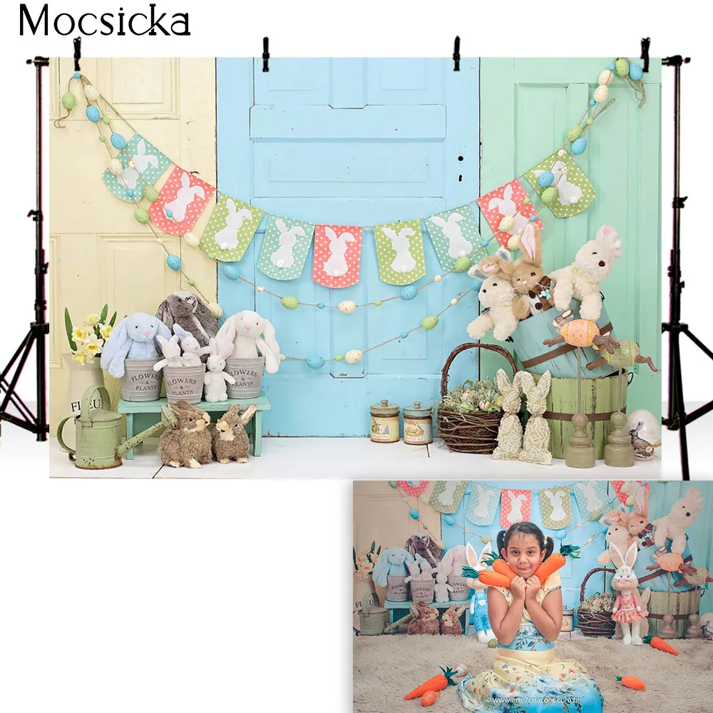 Newborn Kids Spring Easter Bunny Photography Backdrop Carrot Bunny Girls Birthday Cake Smash Portrait Photo Booth Background