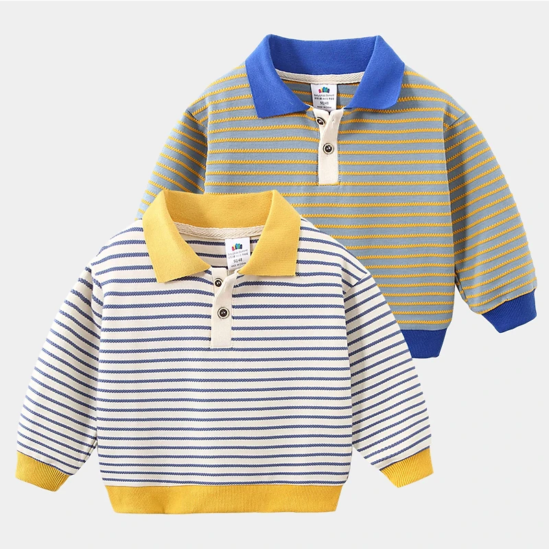 2024 Spring Autumn 2 3 4 6 8 10 Years School Child Cotton Turn-Down Collar Colorful Striped Patchwork T-shirt For Baby Kids Boy