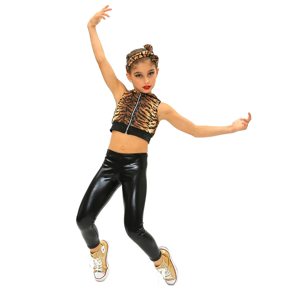 

MiDee Leopard Print Top Coat for Boys and Girls Hot Fix Rhinestone Sleeveless Jazz Hip-hop Outfit Short for Women Stage Costume