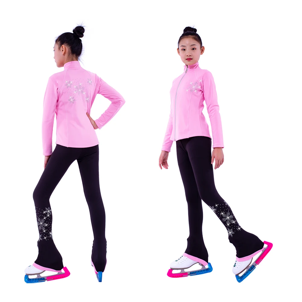 Customized Figure Skating Suits Jacket and Pants Long Trousers for Girl Women Training Ice Skating Warm black pink Mesh sleeve