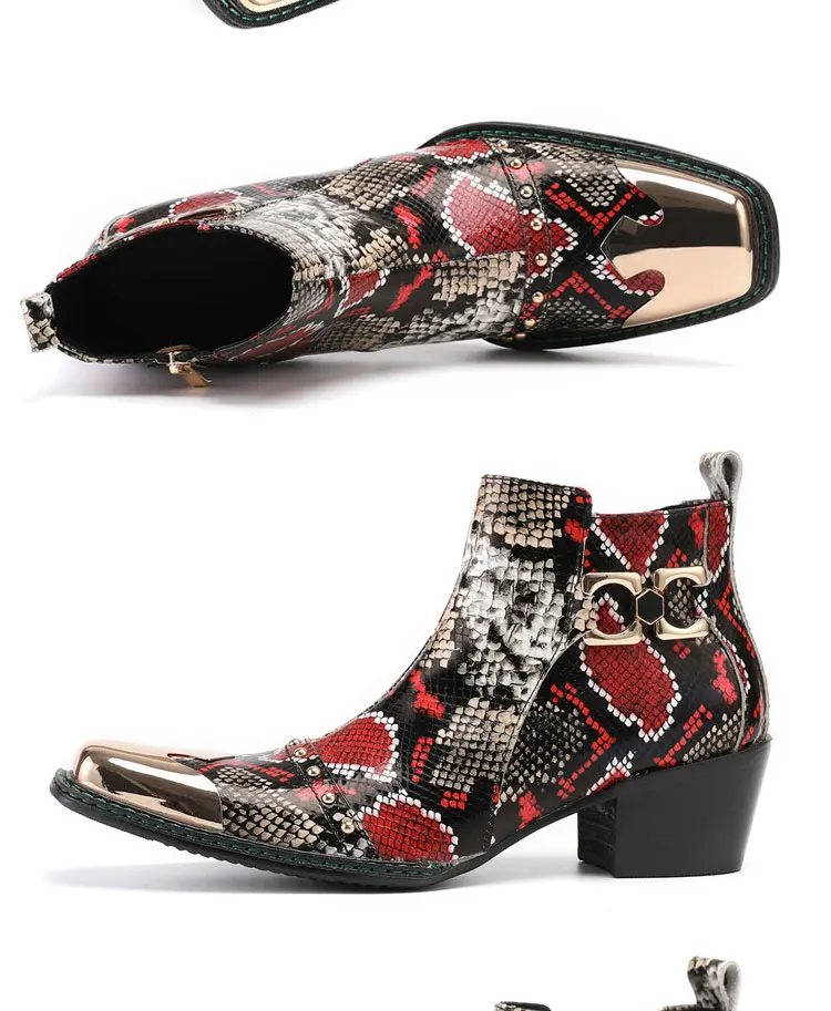 Men's Cowhide Serpentine Print Metal Decor Pointed Toe Belt High‑Heel Short Boots Western Cowboy Boots For Stage Show Party
