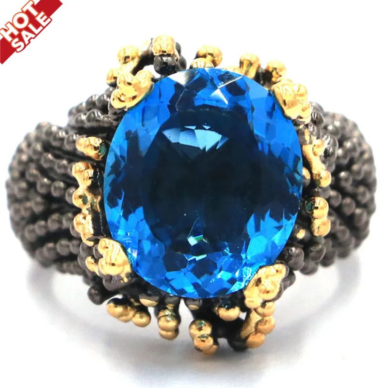 Buy 3 get 1 free 20x17mm Ring for Women Gothic London Blue Topaz Rhodolite Garnet Black Gold Color HipHop Punk Hollow