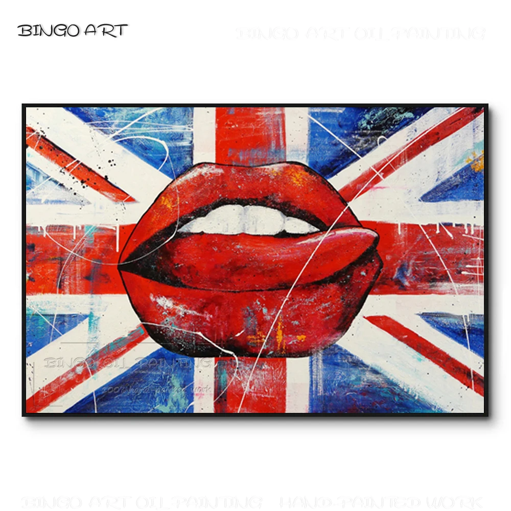 Hand-painted Special Wall Picture The UK Flag And Sexy Lips Oil Painting Special Art Design United Kingdom Flag Oil Painting