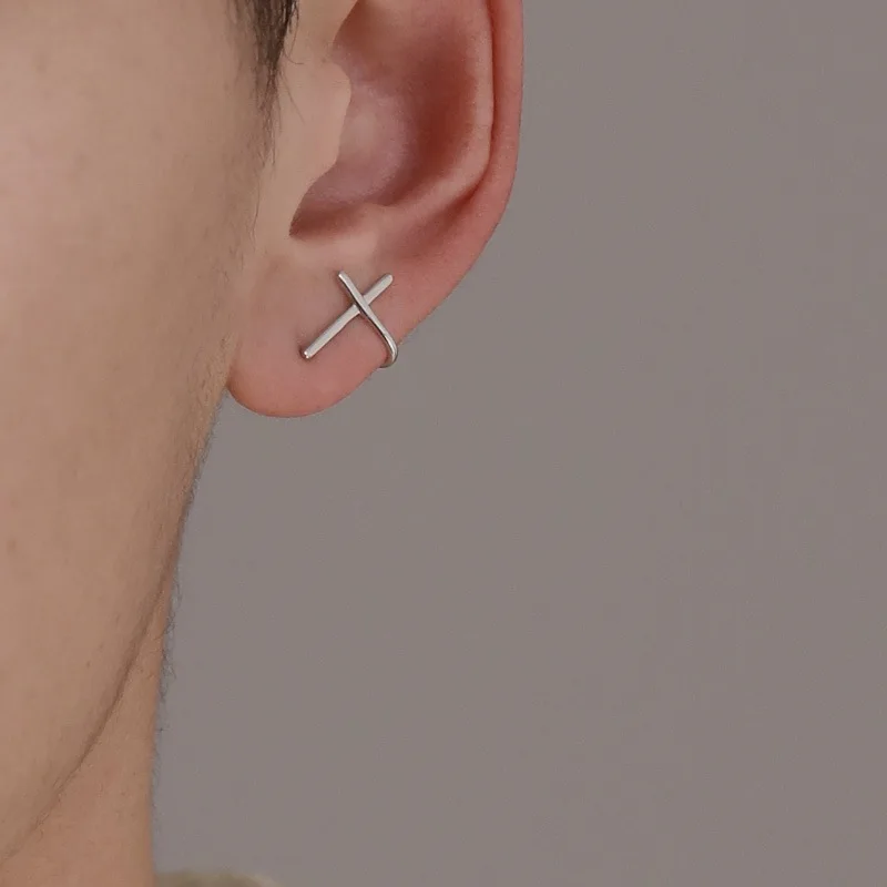 Teens Punk Minimalist Geometric Cross Climber Earrings for Men Women's Unusual Cool Stuff Studs Male earring