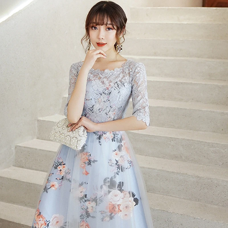 Vestidos de dama de honor elegantes con estampado de flores para mujer, vestido de fiesta de encaje corto, Media manga, vestidos de noche bordados, nuevo