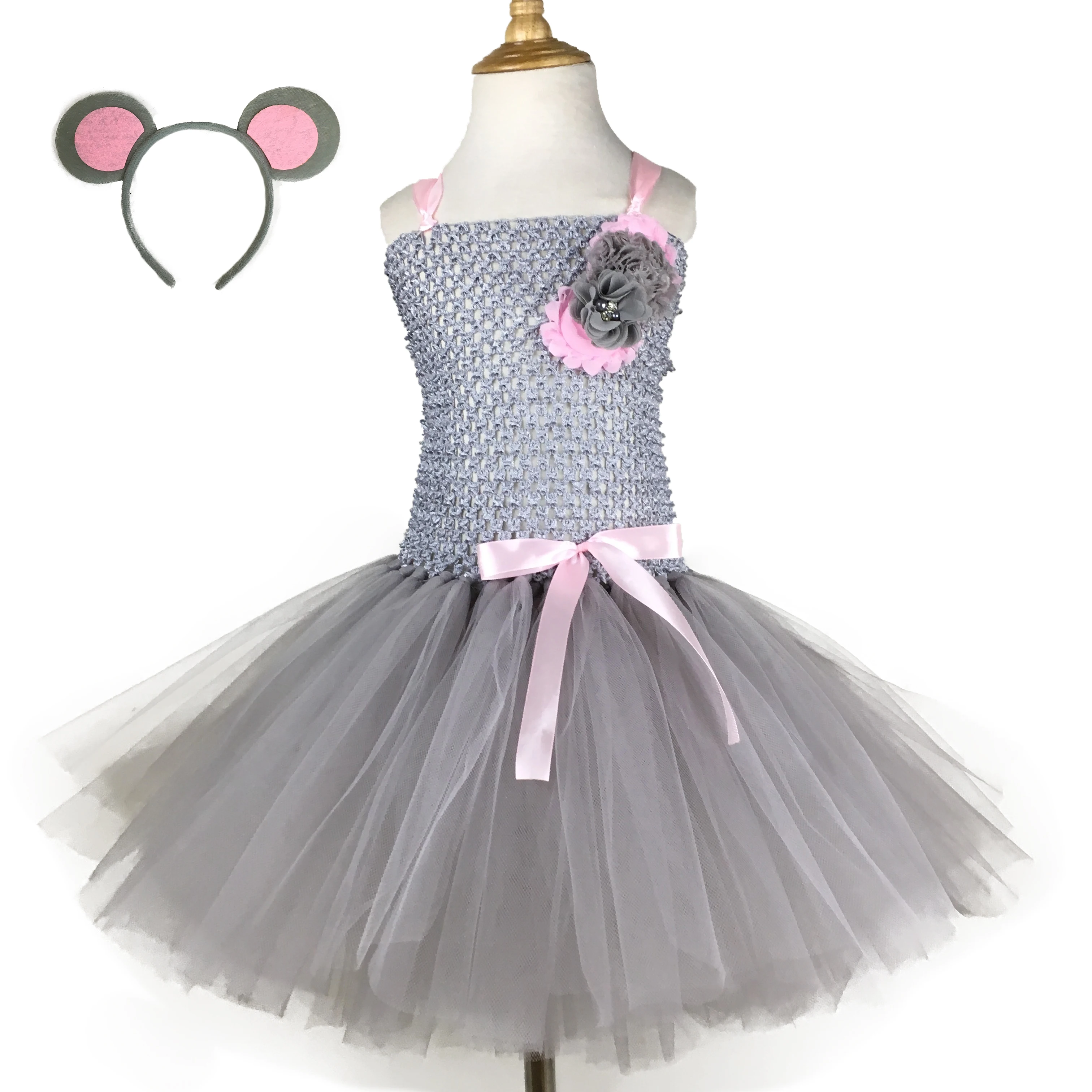 Cute Baby Pink Grey Mouse Tutu Dress Girls Crochet Tulle Dress with Flower and Hairbow Children Birthday Party Costume Dresses