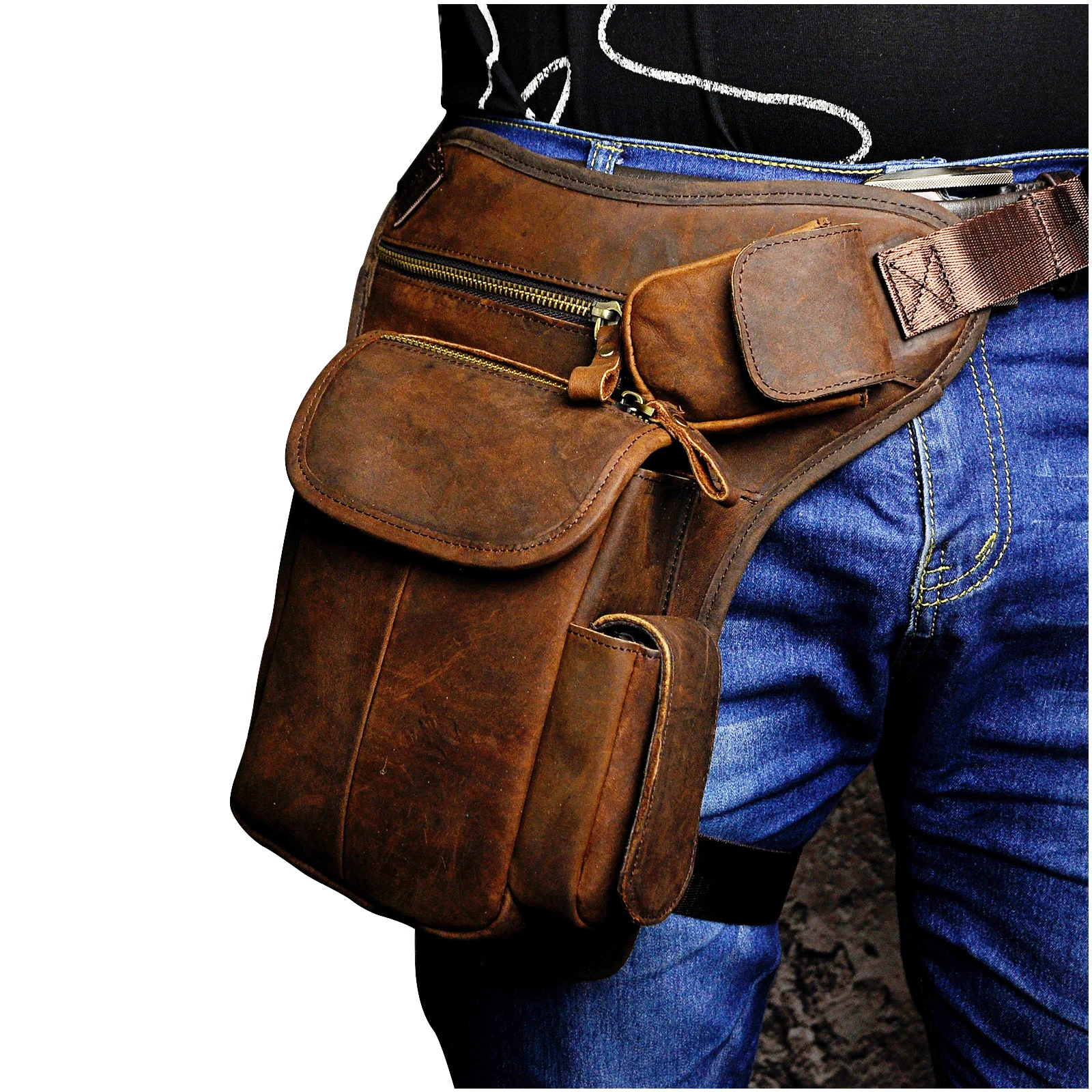 Crazy Horse Leather Men Fashion Casual Messenger One Shoulder Bag Design Travel Fanny Waist Belt Pack Drop Leg Bag 3106-d