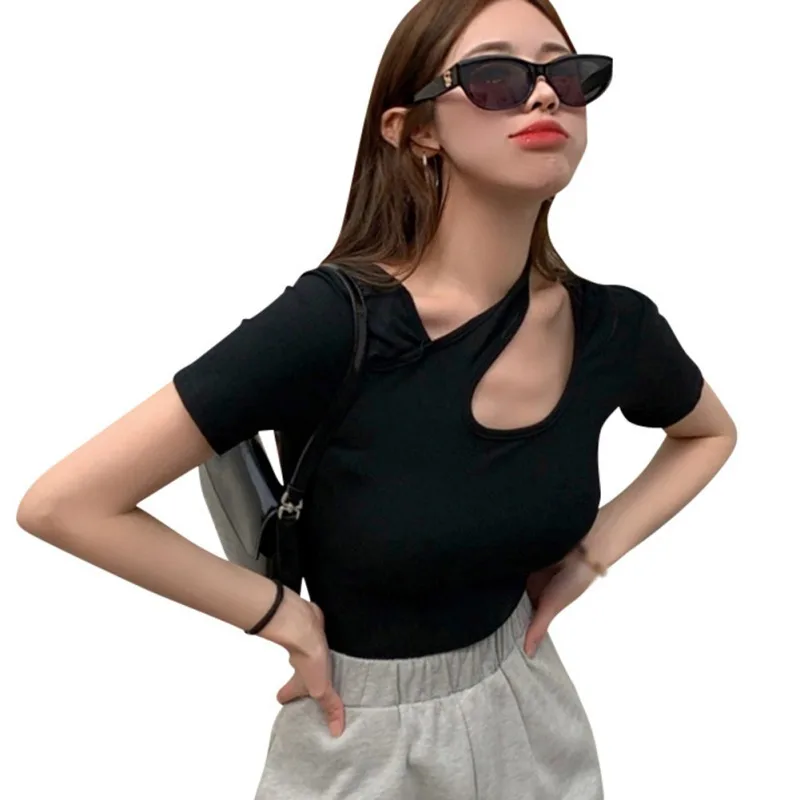 DAXIN  Summer Fashion Short Tee Top Womens Design Sense Revealing Clavicle Irregular Short Sleeve T-Shirt