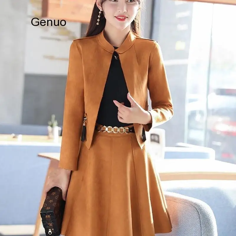 Women's Skirt Set Fashion Slim Jacket Skirts Long Sleeve Two-piece Women Elegant Suede Women's Dress Sets 2020 Autumn New