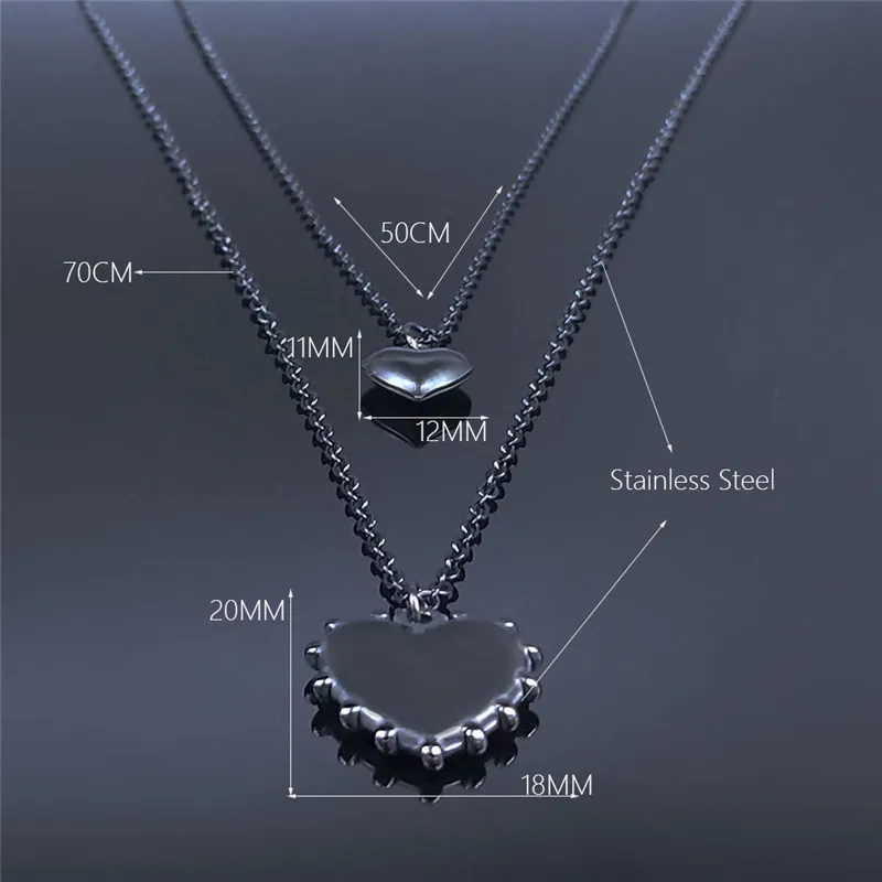 2 PCS Gothic Double Layer Heart Stainless Steel Pendant Necklace Women Black Color Statement Necklace Jewelry collier NK47S03