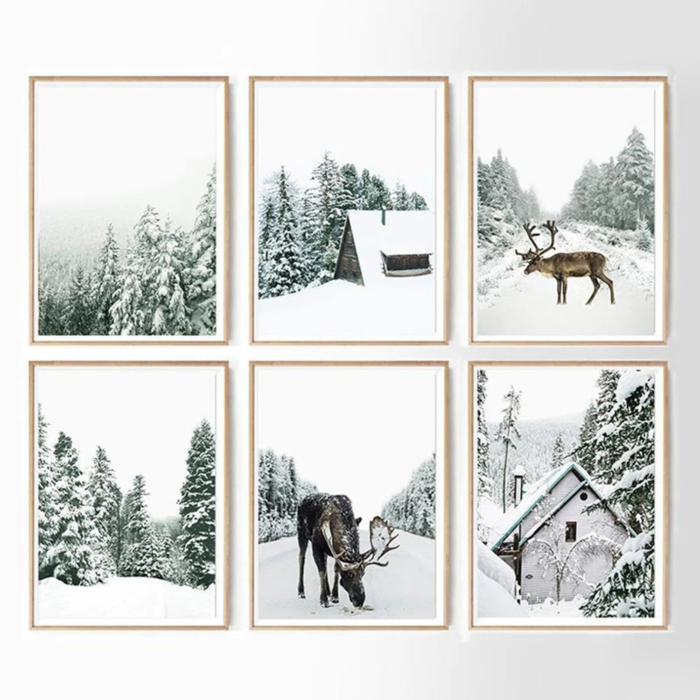 Winter Snow Forest Nordic Natural Prints Deer House Sunlight Scenery Canvas Painting Poster Wall Art Pictures Living Room Decor