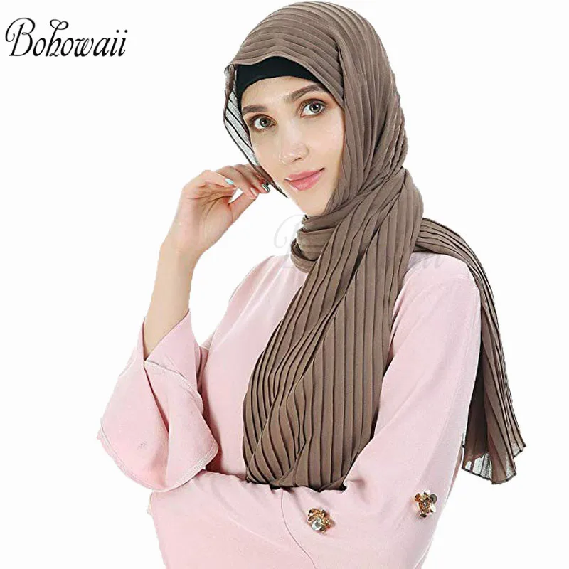 

BOHOWAII Ramadan Hijab Scarf for Women Summer Long Crinkle Jilbab Muslim Scarves Solid Color Lightweight Head Wrap Hiyab