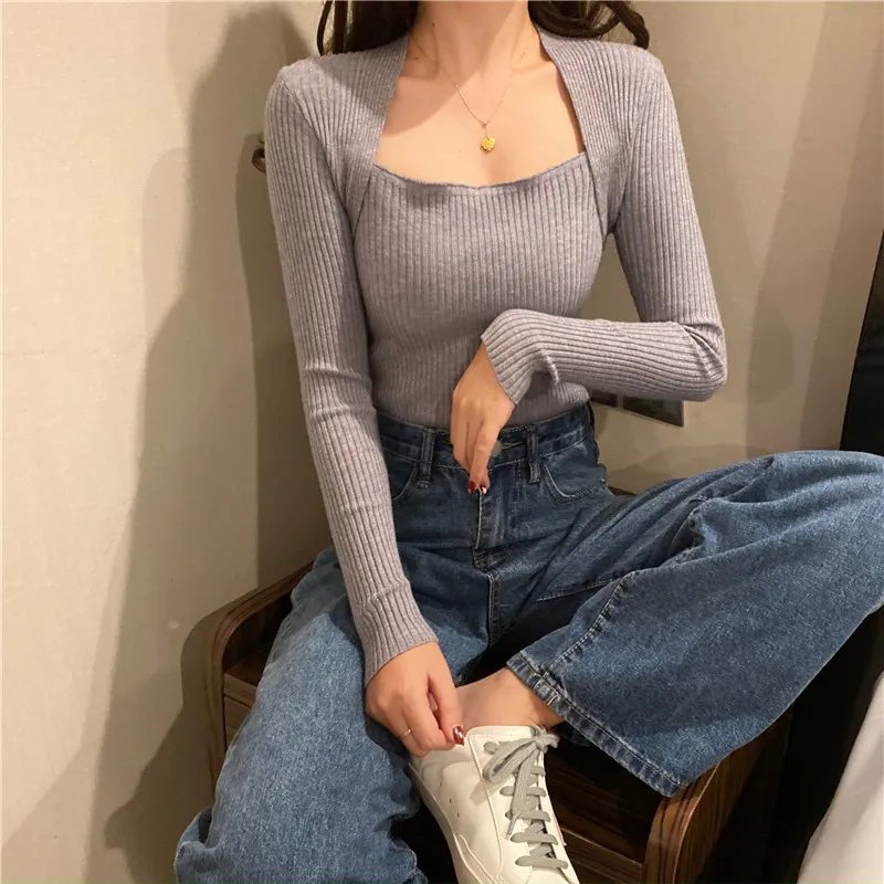 Solid White Vintage Ribbed Jumpers Crop Striped Sweater Pullover Blouse Knitted Long Sleeve Red Tops Sueter Mujer Women Clothing