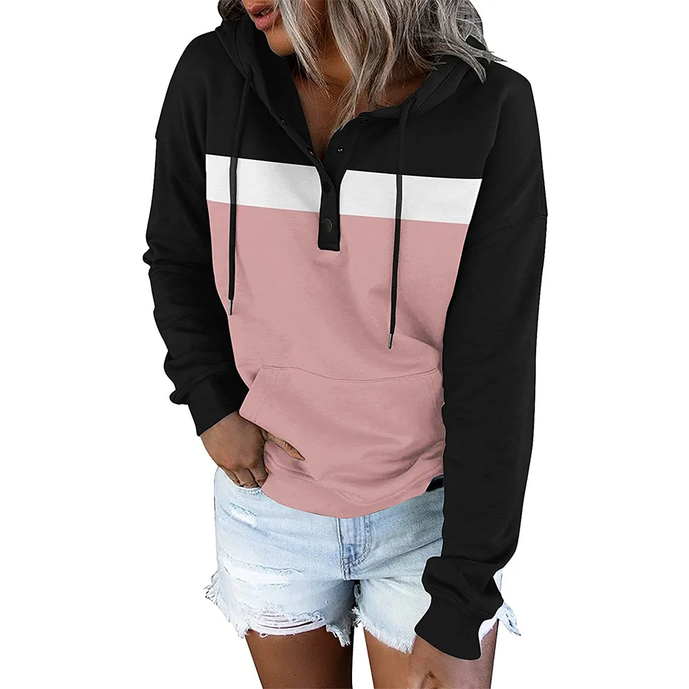 Women's 2021 Autumn and Winter New Women's Color Matching Hoodie Button Collar Sweater