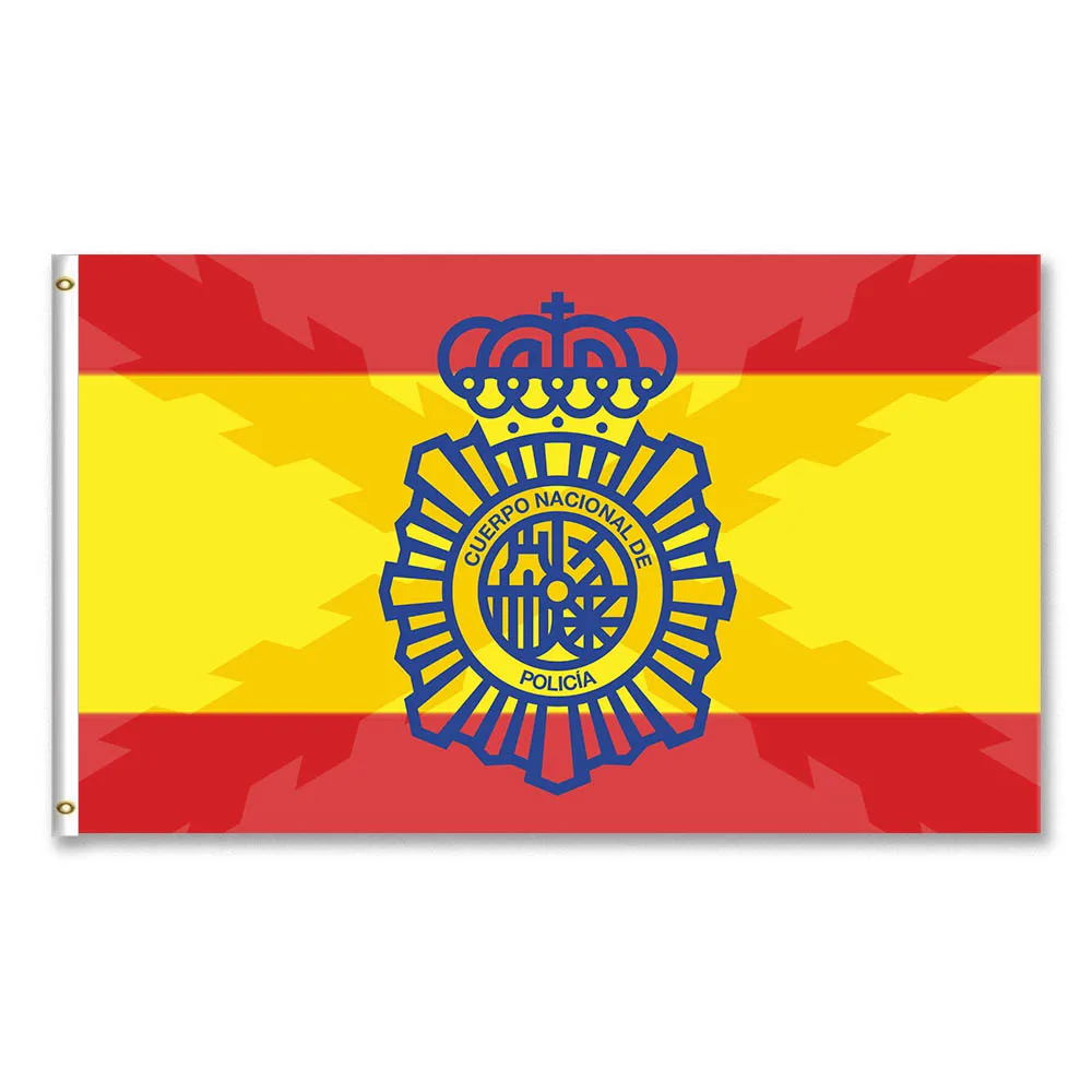 Bandera de España con la sombra de la Cruz de Borgoña y escudo del Cuerpo Nacional de Policia Policía Nacional española