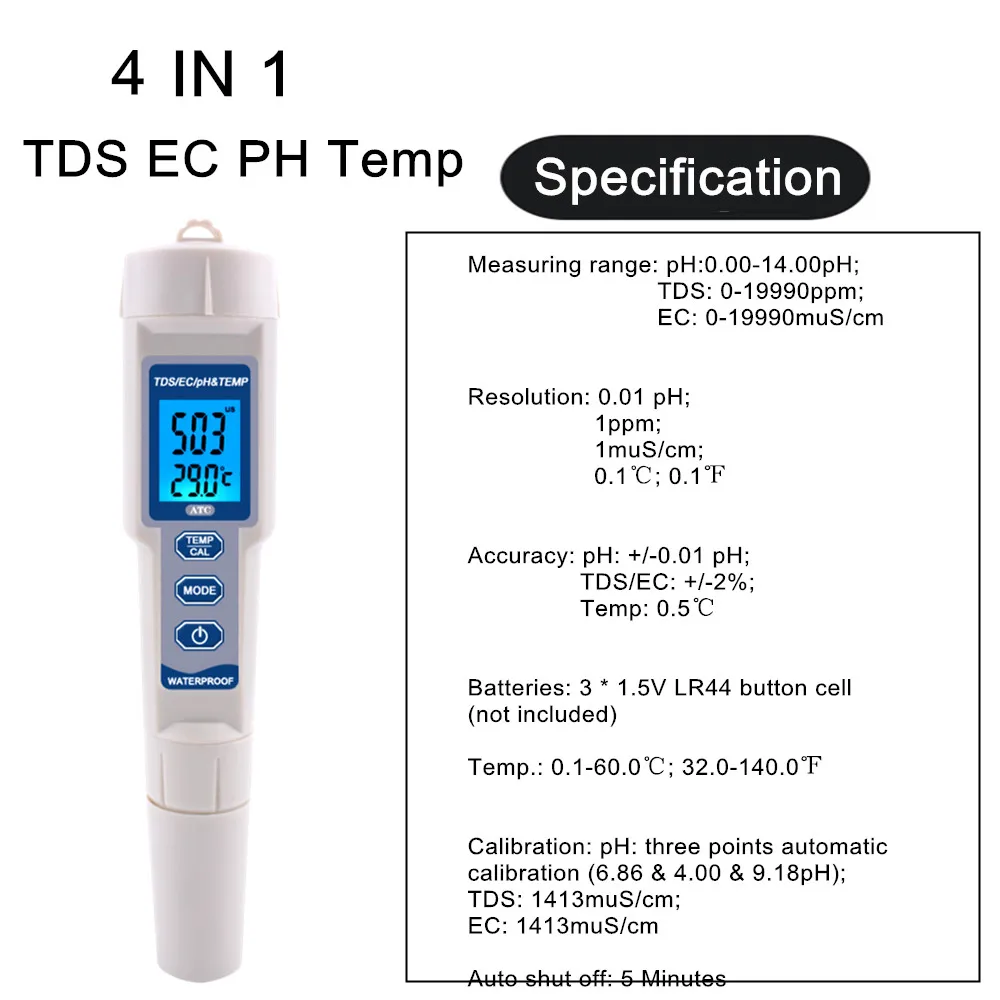 Professional 4 IN 1 TDS PH EC Temp Meter PH Tester Water Quality Testing Temperature Monitor Pen Acid Base Measurement Tools