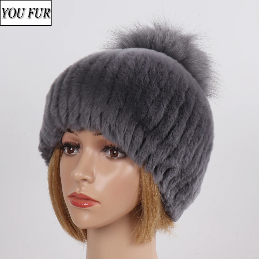 

New Fur Hat For Female With Luxury Fluffy Fox Fur Ball Russian Hat Women Winter Warm Genuine Rex Rabbit Fur Striped Benies Hats